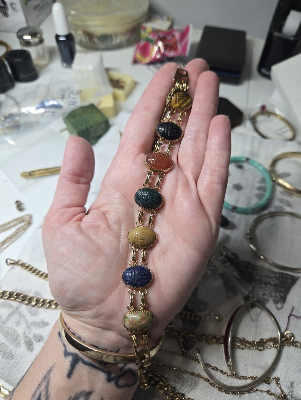 Gold-Tone Multi-Color Scarab Link Bracelet - Women Jewelry
